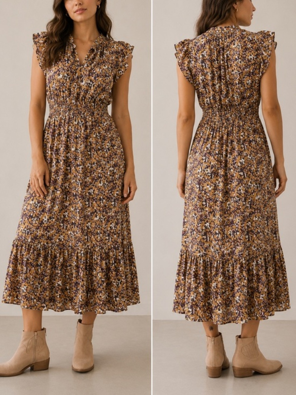 Anthro Othilia Aleksia Floral Boho Mustard Purple Ruffle Cottagecore Maxi Dress